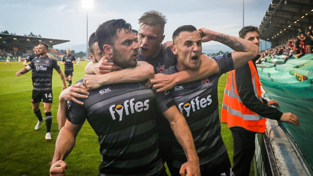 Dundalk celebrate Patrick Hoban’s equaliser against Shamrock Rovers. Photograph: Ryan Byrne/Inpho