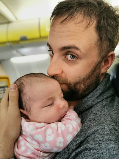 David flying with a five-week-old.
