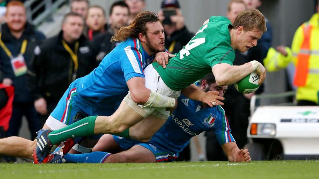 Andrew Trimble goes over for Ireland’s second try against Italy in their Six Nations Championship game at the Aviva Stadium, set up by Brian O’Driscoll. Photograph: Billy Stickland/Inpho
