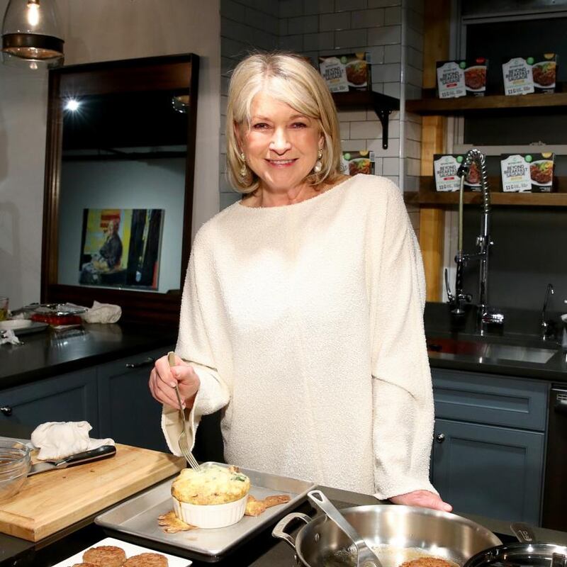 Martha Stewart prepares the classic Beyond Breakfast Sausage with spinach and sweet onion frittata. Photograph: Cindy Ord/Getty Images