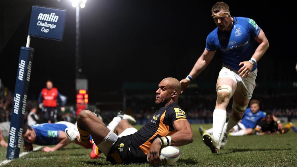 Tom Varndell of Wasps scores a try against Leinster in the Amlin Challenge Cup quarter-final. The club has been taken over by Irish business man Derek Richardson. Photograph: Dan Sheridan/Inpho