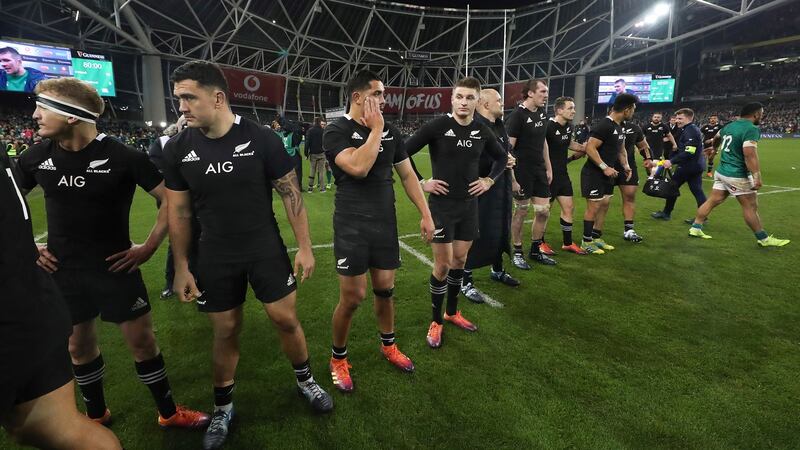 The All Blacks after their defeat to Ireland at the Aviva Stadium last November. Photograph:Billy Stickland/Inpho