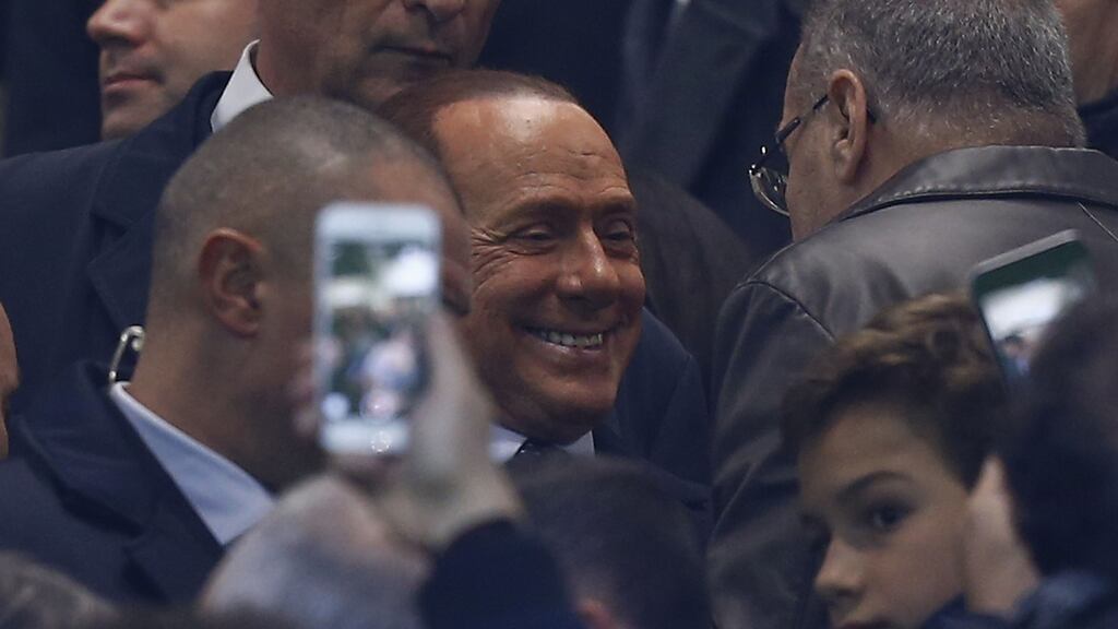 He hasn’t gone away, you know. Former prime minister of Italy Silvio Berlusconi is pictured at Sunday’s Milan football derby between AC Milan, the club he chairs, and Inter. Photograph: Marco Bertorello /AFP/Getty Images