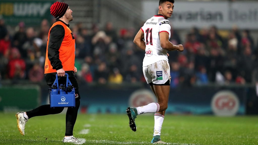 Ulster’s Robert Baloucoune leaves the pitch after receiving a yellow card against Munster at Kingspan Stadium. Photograph: Dan Sheridan/Inpho