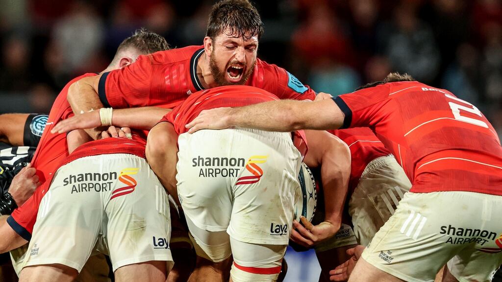 Jean Kleyn leads the Munster rolling maul during the United Rugby Championship match against the Cell C Sharks at Thomond Park. Photograph: Dan Sheridan/Inpho