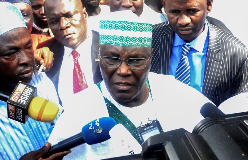 Peoples Democratic Party presidential candidate Atiku Abubakar talks to the media after casting his ballot in the presidential elections in Yola, Adamawa state, Nigeria on February 23rd. Photograph: EPA/STR
