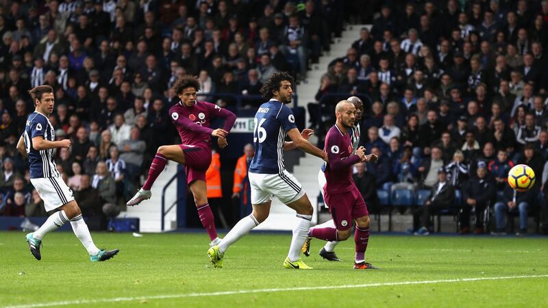 Leroy Sane opens the scoring for Manchester United at the Hawthorns. Photograph: Matthew Lewis/Getty