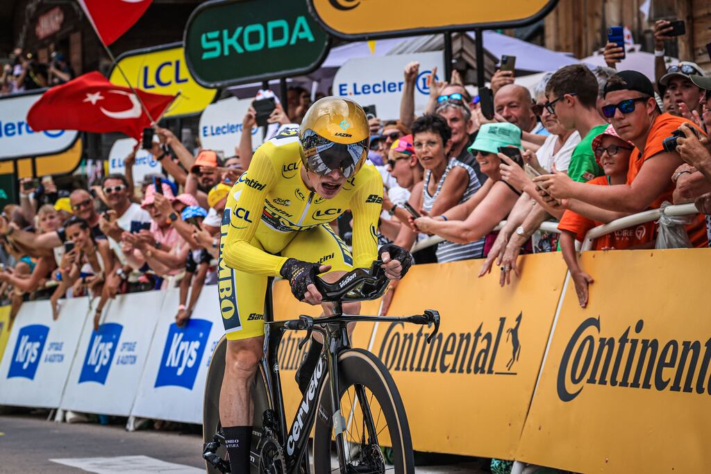 Danish rider Jonas Vingegaard of team Jumbo-Visma on his way to winning the 16th stage of the Tour de France 2023. Revenue at the family firm that owns the race surged to €550m last year. photograph: EPA