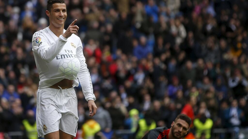 Real Madrid’s Cristiano Ronaldo celebrates his third goal against Celta Vigo. Photo: Susanna Vera/Reuters