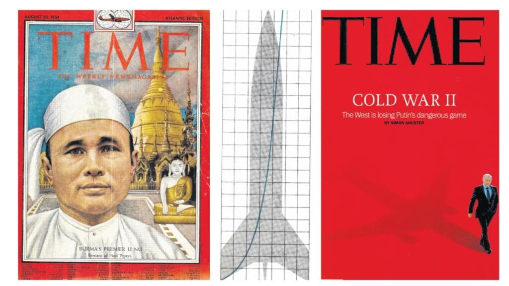 The world the magazine continues to report on has changed irrevocably in the intervening decades: from left, Time in 1954; part of a prescient ad in 1954 promoting the rocket power of the Aerojet-General Corporation; and the issue of August 4th this year