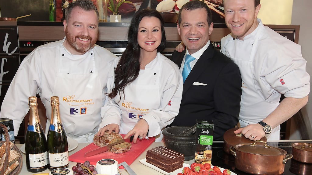 From left: chefs Gary O’Hanlon and Louise Lennox-Dessert, John Healy (maitre d) and chef Stephen McAllister from TV3’s “The Restaurant”, which is sponsored by Aldi