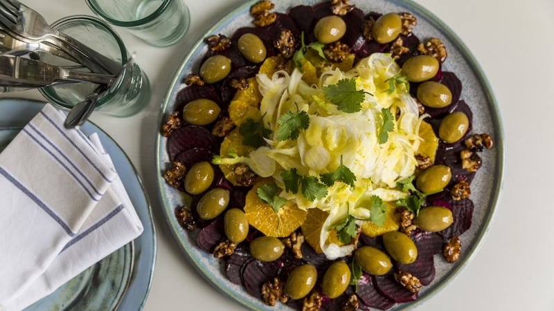 Salad of beetroot, oranges, fennel, olives, pomegranate and walnuts. Photograph: Emma Jervis