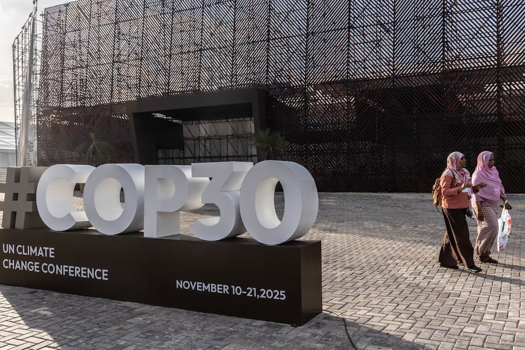 Signage during the Cop30 leaders' summit outside the Parque da Cidade, the main venue for the summit, in Belem, Para state, Brazil. Photograph: Dado Galdeiri/Bloomberg