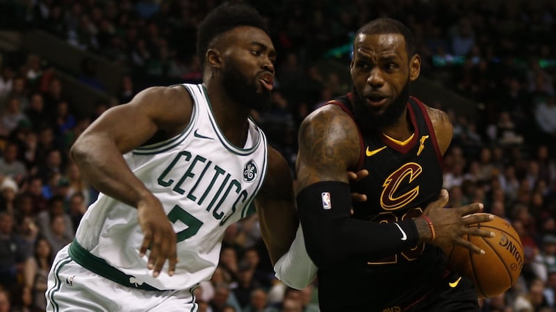 Boston Celtics guard Jaylen Brown in action against Cleveland Cavaliers forward LeBron James during an NBA game at TD Garden in Boston at the start of January. Photograph: CJ Gunther/EPA