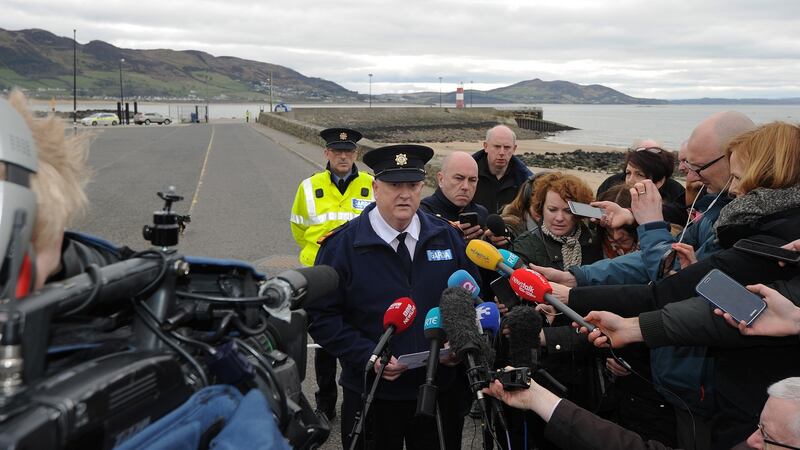Garda Superintendent Colm Nevin speaking to media at the Buncrana pier. Photograph: Trevor McBride