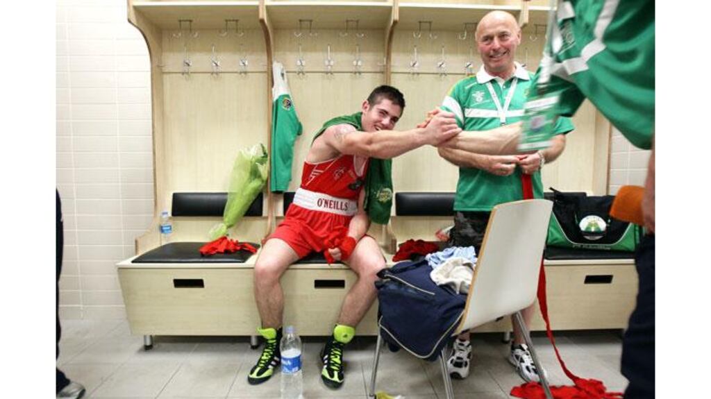 Ireland's Joe Ward in the dressing room after winning gold against Nikita Ivanov of Russia in the light-heavyweight final at the European Senior Boxing Championships in Ankara, Turkey. – (Photograph: Cathal Noonan/Inpho).