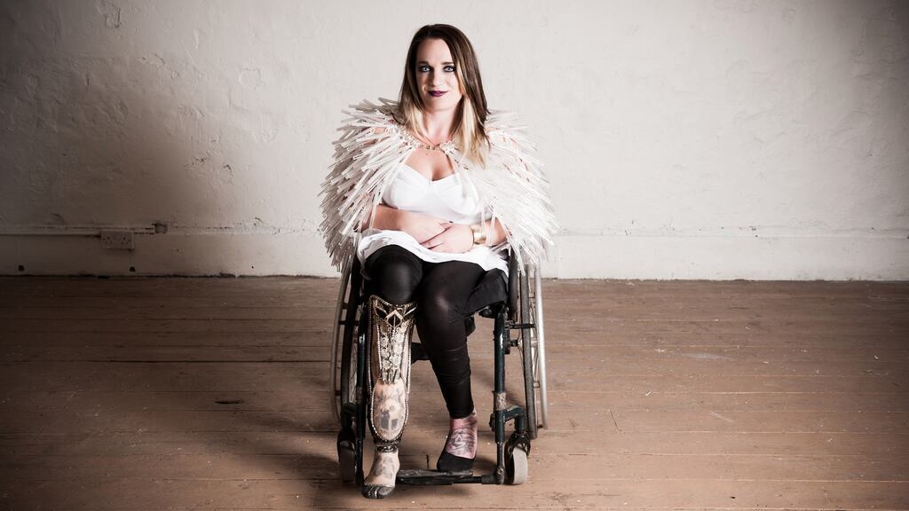 Louise Bruton poses for Ruthless Imagery Photography wearing a designer prosthetic leg by Sophie de Oliveira Barata’s Alternative Limb Project. Louise also wears creations by young Irish designer, Sophie Wallace, with make-up by Lorcan Devaney of Lorcansface