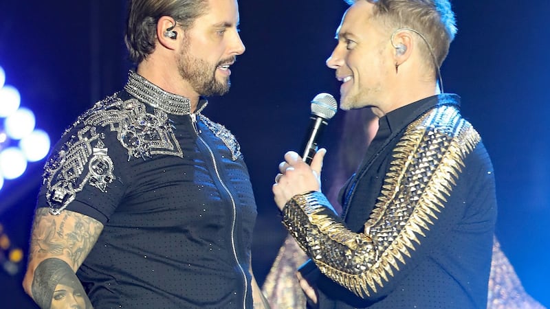 Keith Duffy and Ronan Keating of Boyzone on stage at the SSE Arena, Belfast, as part of the band’s Thank You & Goodnight farewell tour. Photograph: Niall Carson/PA Wire