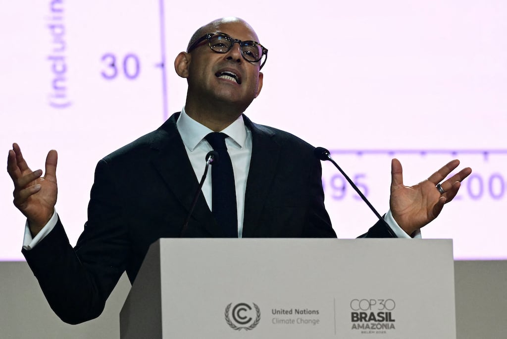 UN Climate chief Simon Stiell delivers a speech during the Cop30 opening ceremony in Belém, Brazil. Photograph: Pablo Porciuncula/AFP via Getty Images