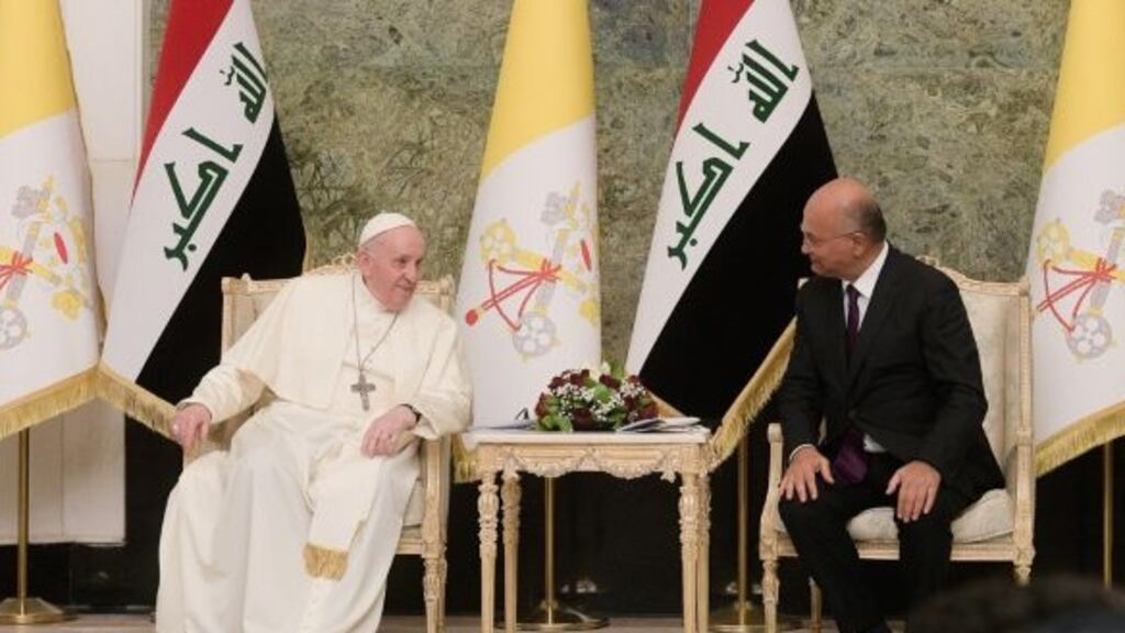Pope Francis speaks with Iraqi president Barham Salih during a meeting at the presidential palace in Baghdad on March 5th, 2021. Photograph: Vatican media handout/EPA