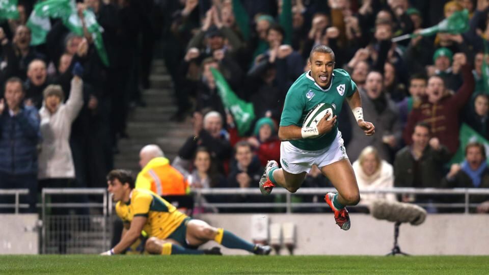 Ireland’s Simon Zebo goes over for the opening try against Australia at the Aviva Stadium. Photograph: Colm O’Neill / Inpho