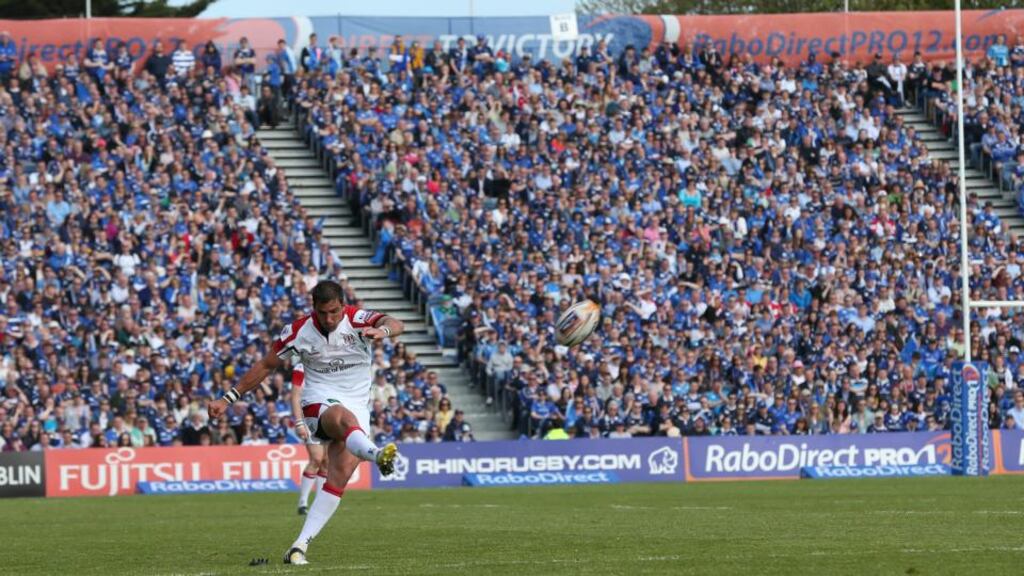 Ruan Pienaar kicks a penalty for Ulster during last season’s Pro12 final against Leinster