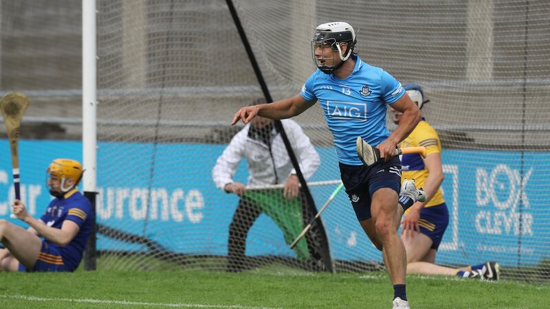 Dublin’s Cian Boland celebrates after scoring a goal against Clare at Parnell Park. Photograph: Lorraine O’Sullivan/Inpho