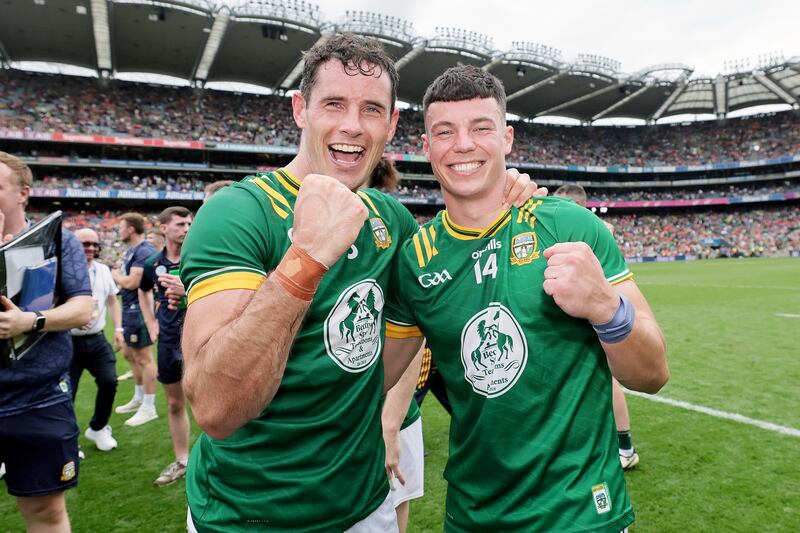Donal Keogan and Keith Curtis celebrate Meath's All-Ireland quarter-final win against Galway. Photograph: Laszlo Geczo/Inpho