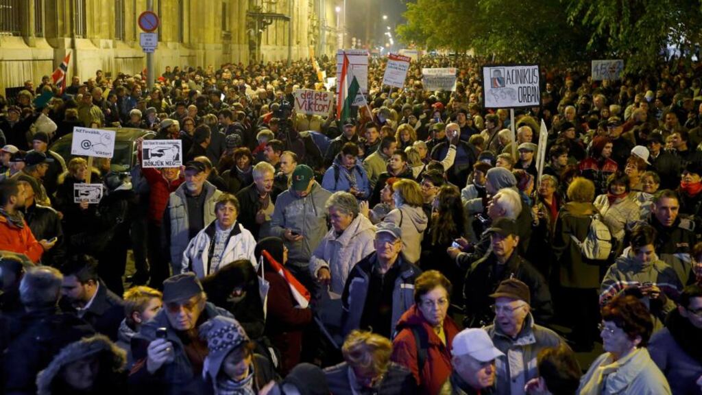 People gather to celebrate after Hungarian prime minister Viktor Orban announcd that the government would put an internet tax proposal on hold. Photograph: Laszlo Balogh/Reuters