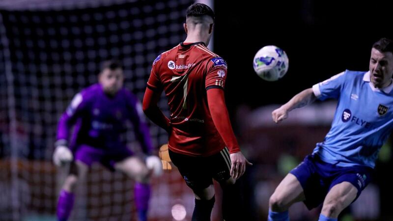 Bohemians’ Danny Mandroiu scores his side’s second against Shelbourne. Photograph: Tommy Dickson/Inpho