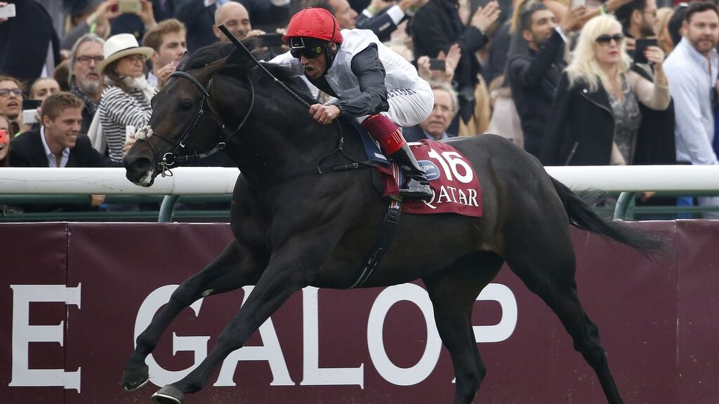 Frankie Dettori riding Golden Horn to win The Qatar Prix De L’Arc De Triomphe at Longchamp in Paris. Photo by Alan Crowhurst/Getty Images)
