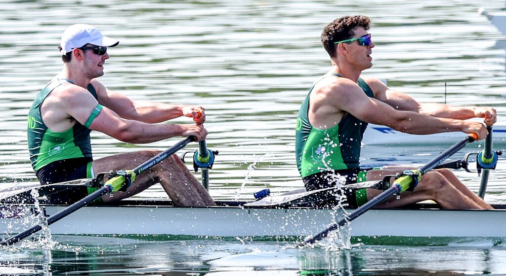 Ireland’s Philip Doyle and Daire Lynch on their way to qualifying for the A final. Photograph: Ryan Byrne/Inpho