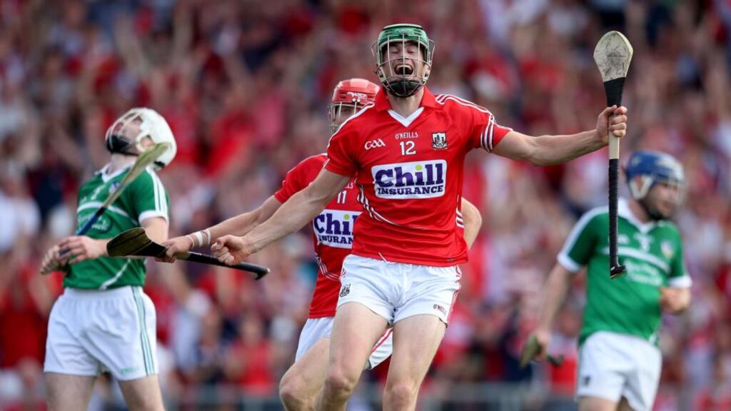 Séamus Harnedy celebrates scoring his side’s crucial opening goal against Limerick during the Munster final at Páirc Uí Chaoimh. Photo: James Crombie/Inpho