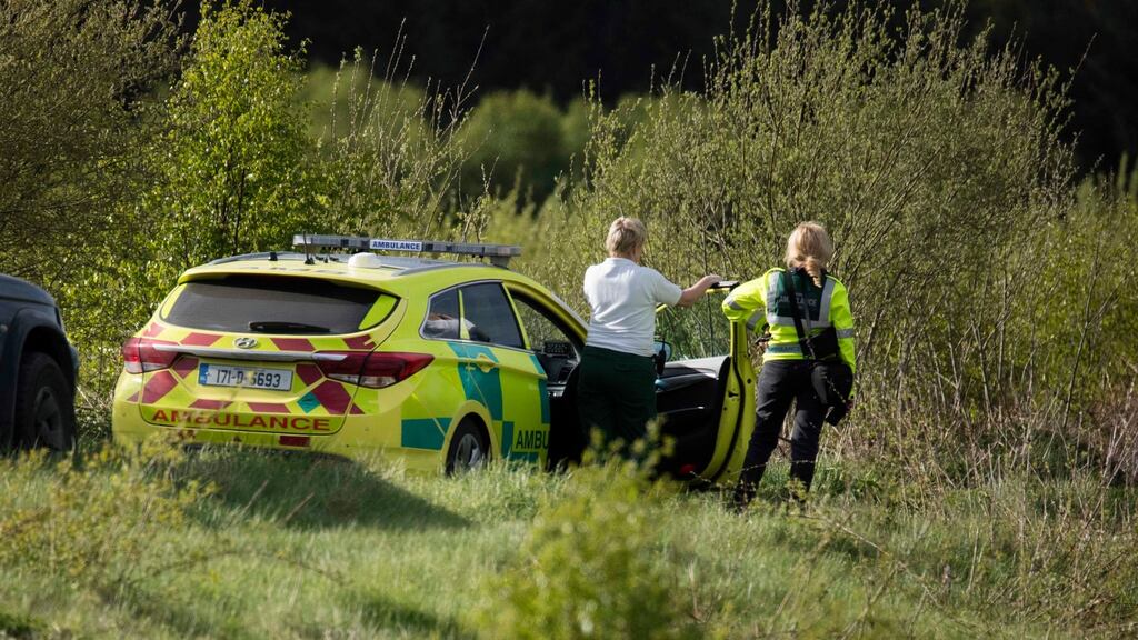 Emergency services at the scene of the crash of a light aircraft near Clonbullogue, Co Offaly, on Sunday. Photograph: Eamonn Farrell/RollingNews.ie