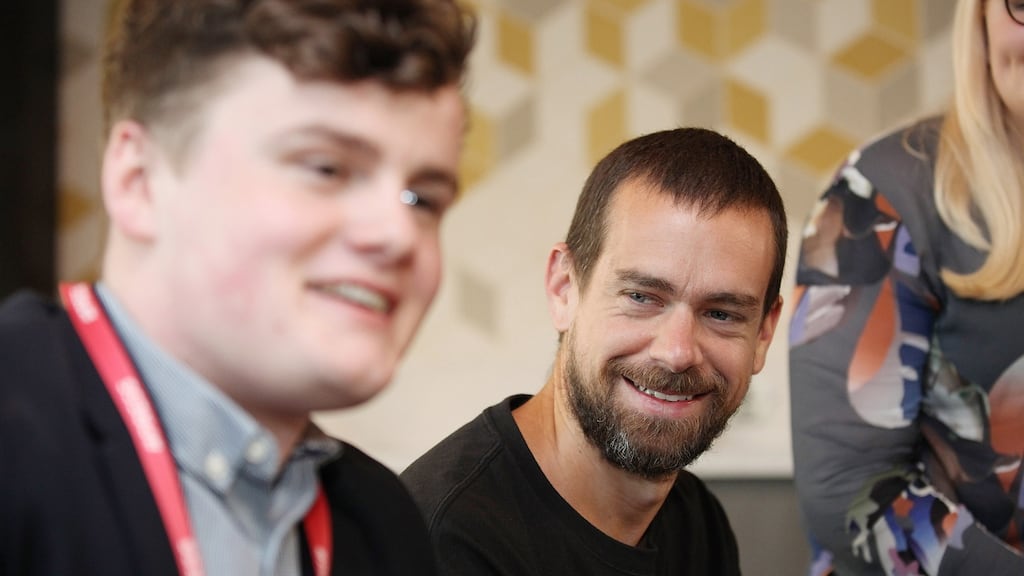 Twitter CEO Jack Dorsey  in Twitter EMEA HQ in Dublin, listening to Harry Mc Cann (18), founder of the Digital Youth Council of Ireland. Photograph: Julian Behal