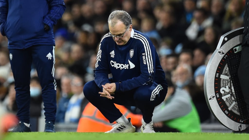 Leeds United manager Marcelo Bielsa reacts during the English Premier League defeat to Manchester City at the Etihad Stadium. Photograph: Peter Powell/EPA