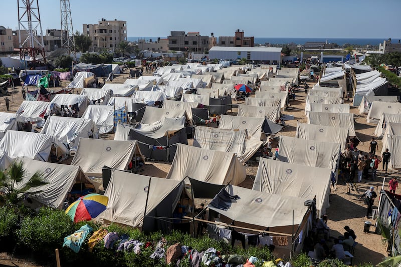 Tents provided by the United Nations for people who fled their homes as a result of Israeli airstrikes, in the Khan Younis Training Centre in the southern Gaza Strip. Photograph: Yousef Masoud/The New York Times