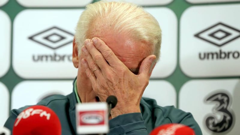 Republic of Ireland manager Giovanni Trapattoni considers an answer during yesterday’s press conference at Ernst Happel Stadion in Vienna, where his team will face Austria in a World Cup qualifier. Photograph: Donall Farmer/Inpho