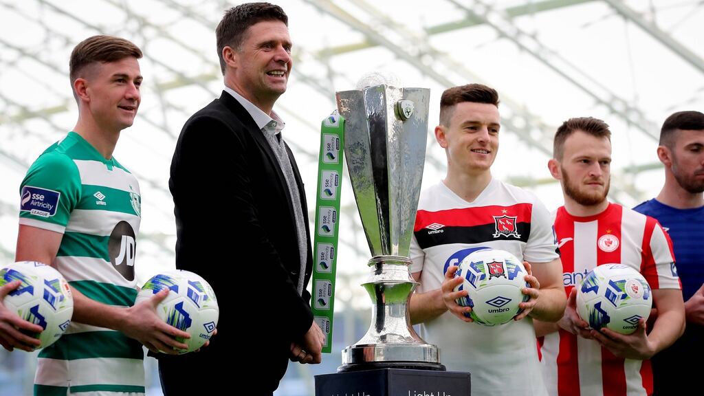 FAI interim deputy chief executive Niall Quinn with from left, Ronan Finn of Shamrock Rovers, Darragh Leahy of Dundalk and David Cawley of Sligo Rovers at the 2020 SSE Airtricity League launch, at Sport Ireland Campus, Blanchardstown. Photograph: Ryan Byrne/Inpho