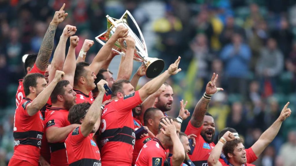 Toulon players celebrate after the European Champions Cup final win against Clermont Auvergne at Twickenham in May. Photograph: Billy Stickland/Inpho.