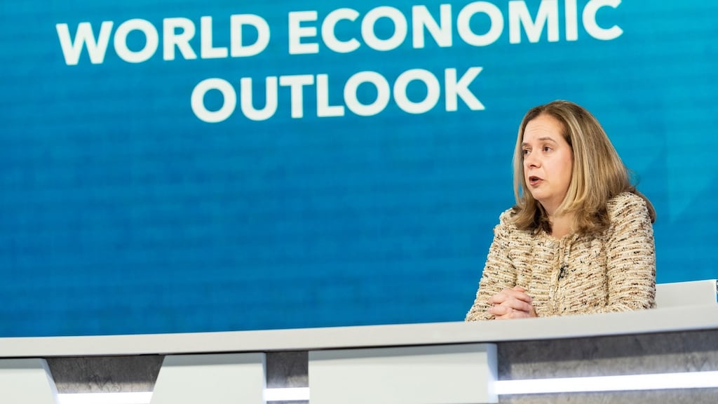 IMF deputy division chief Petya Koeva Brooks at the 2022 Spring Meetings of the IMF and World Bank Group in Washington, April 19th. Photograph: EPA/Cory Hancock/IMF