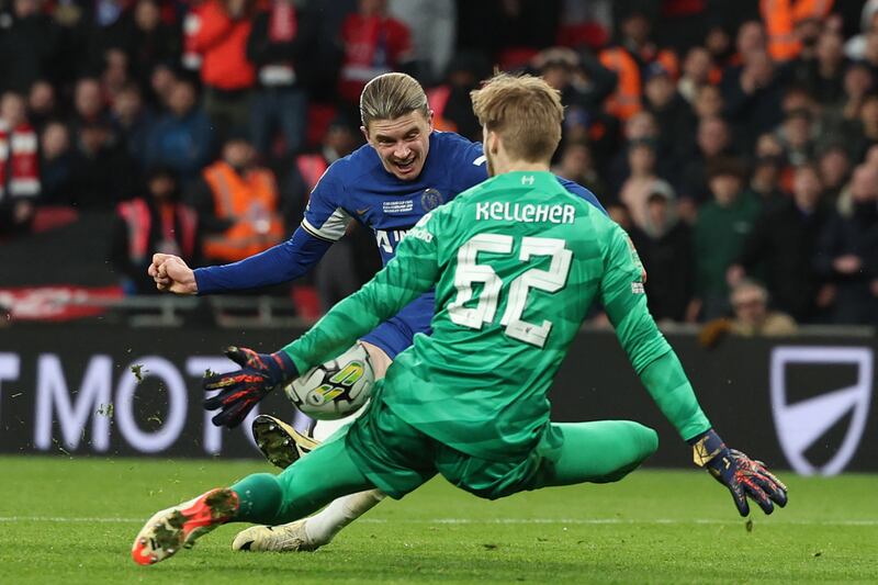Liverpool's Republic of Ireland goalkeeper Caoimhin Kelleher makes a crucial save to deny Chelsea's Conor Gallagher at Wembley Stadium. Photograph: Adrian Dennis/AFP/Getty Images