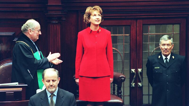 The President Mrs McAleese stands to applause from the Dáil including Ceann Comhairle Séamus Pattison in 1999. Photograph: Frank Miller.