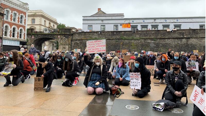 Protesters in Derry’s Guildhall Square showing solidarity with the Black Lives Matter movement in the US. Photograph: Freya McClements