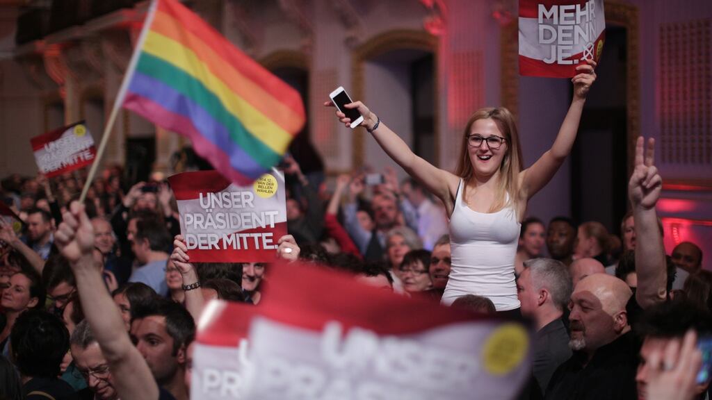 An election party for Alexander Van der Bellen, who defeated the Freedom Party’s Norbert Hofer to become Austria’s president. Photographer: Lisi Niesner/Bloomberg