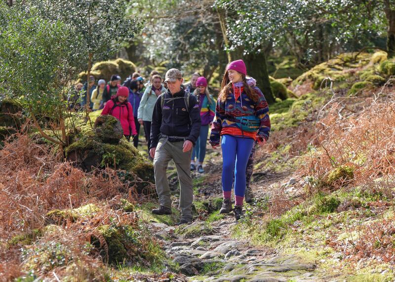 Wellness personality Roz Purcell at Derrycunnihy, with Piaras Kelly of Kerry Climbing, leading the Nature Valley Hike, as part of the Wander Wild Festival in Killarney National Park. Photograph: Valerie O'Sullivan