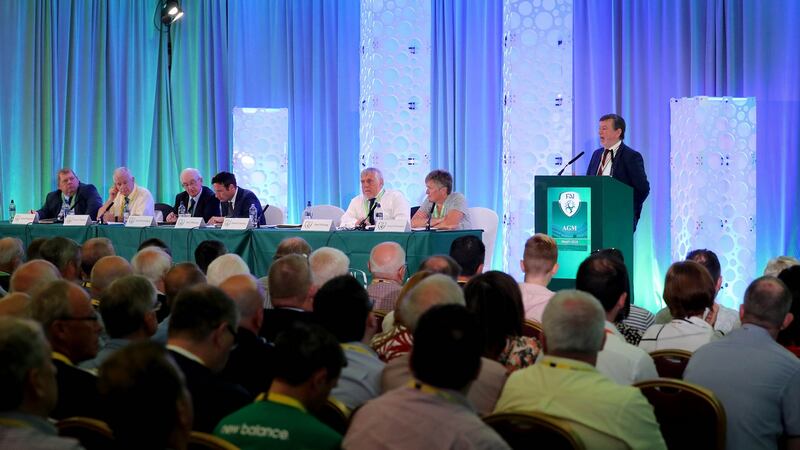 FAI president Donal Conway addresses the meeting at Knightsbrook Hotel, Trim, Co Meath. Photograph: INPHO/Ryan Byrne