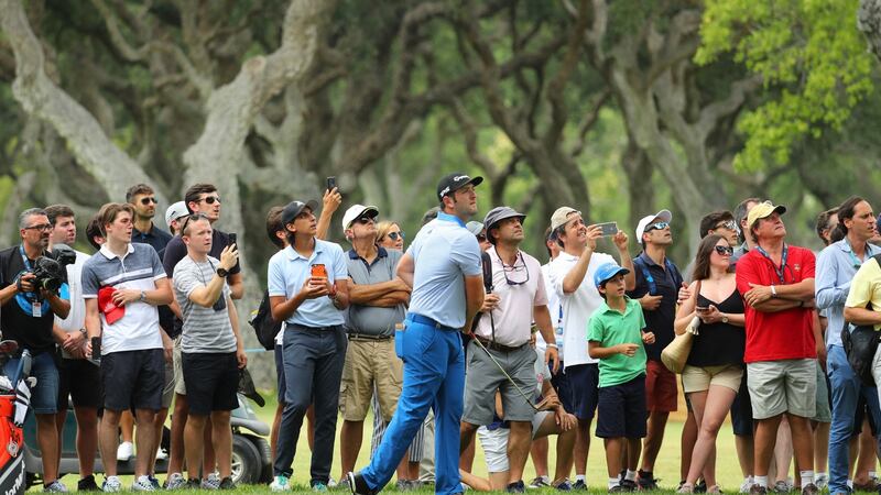 Spain’s Jon Rahm hits his second shot on the ninth hole during day one of the Andalucia Masters at Valderrama. Photograph: Warren Little/Getty Images