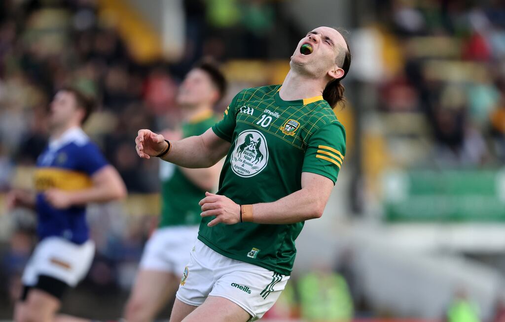 Meath's Cillian O’Sullivan reacts to a missed goal chance during the Tailteann Cup round one game against Tipperary at Páirc Tailteann in Navan. Photograph: Bryan Keane/Inpho