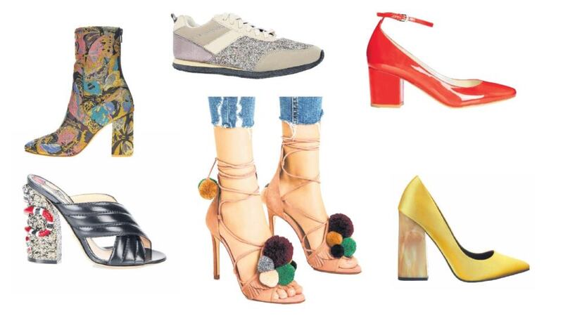 Clockwise from bottom left: Gucci black webby mules, €790 at Brown Thomas; Asos jacquard floral boots, €70; Penneys glitter trainers, €15 (available now); Karen Millen block heel court, €180 (available now); Penneys high vamp ballet, €9; Asos pier yellow court shoe, €63.40; Zara sandals with pompoms, €69.95